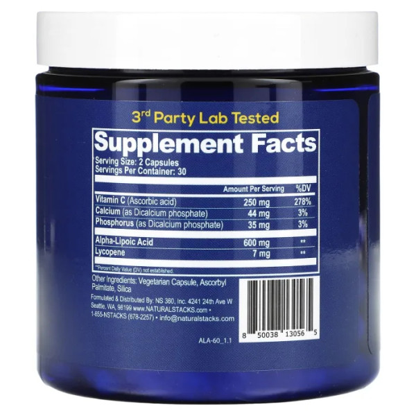 Альфа-ліпоєва кислота з вітаміном C та лікопеном, ALA+, Natural Stacks, передові антиоксиданти для мозку, 60 веганських капсул