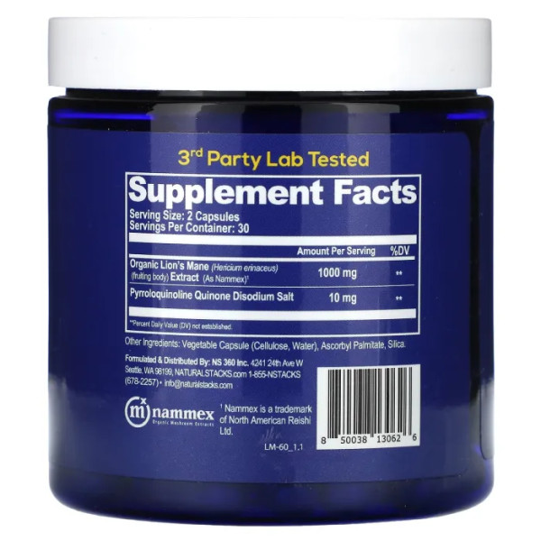 Їжовик гребінчастий + піролохінолінхінон, Lions Mane + PQQ, Natural Stacks, 60 веганських капсул