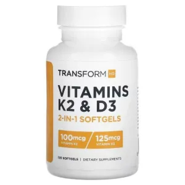 Вітаміни K2 та D3, Vitamins K2 & D3, TransformHQ, 120 гелевих капсул