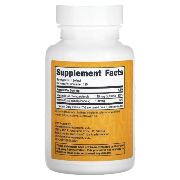 Вітаміни K2 та D3, Vitamins K2 & D3, TransformHQ, 120 гелевих капсул