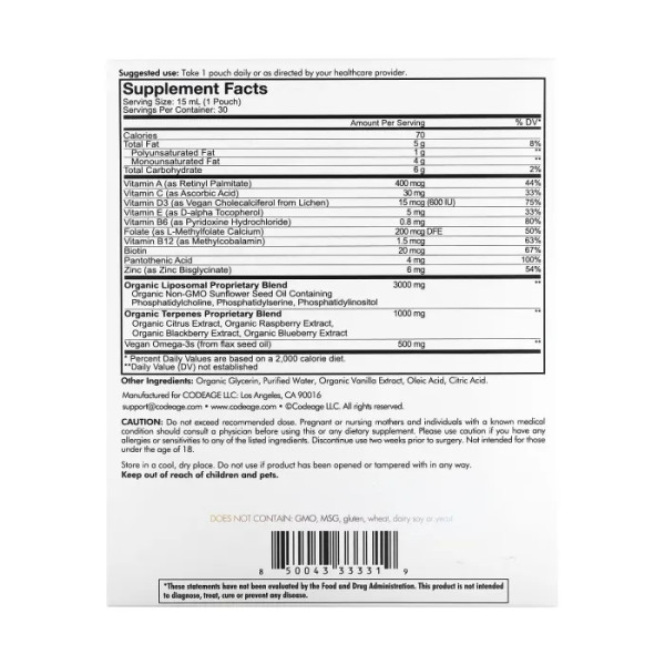 Мультивітаміни + Омега-3 для підлітків, Teen Daily Formula, Nanofood, Codeage, ліпосомальні, смак ягід, 30 пакетиків по 15 мл кожен