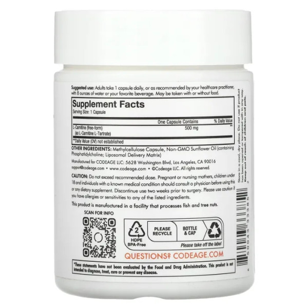 L-карнітин+ ліпосомальний, Liposomal L-Carnitine+, Codeage, вільна форма, покращена абсорбція, 90 капсул