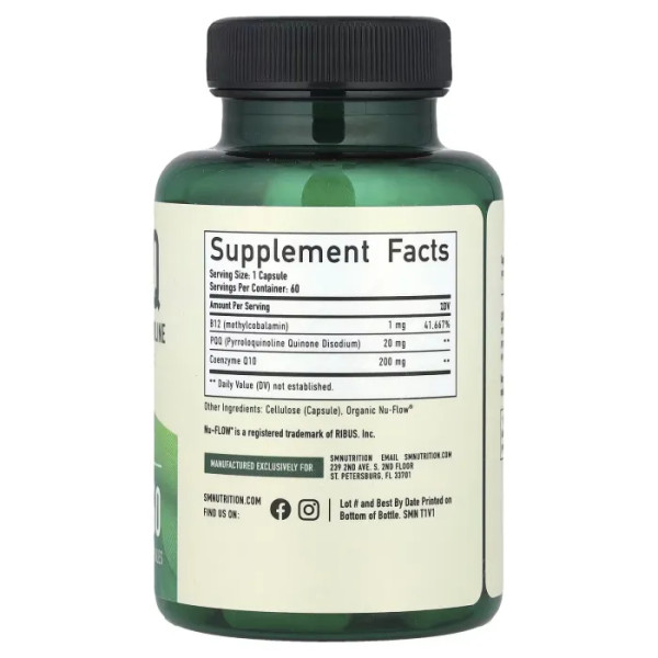 Пірролохінохінон, PQQ, SMNutrition, з коензимом Q10 та вітаміном В12, 20 мг, 60 капсул