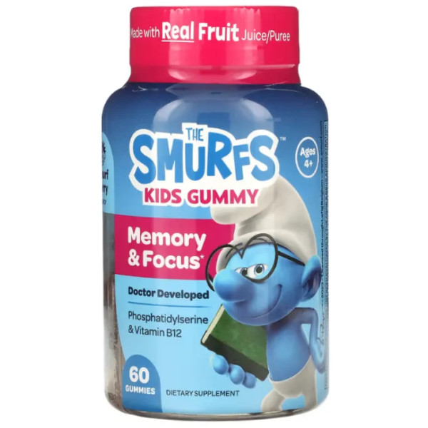 Поліпшення пам'яті та уваги для дітей 4+ років, Kids Gummy, Memory & Focus, The Smurfs, з фосфатидилсерином та вітаміном В12, смак ягід, 60 жувальних цукерок