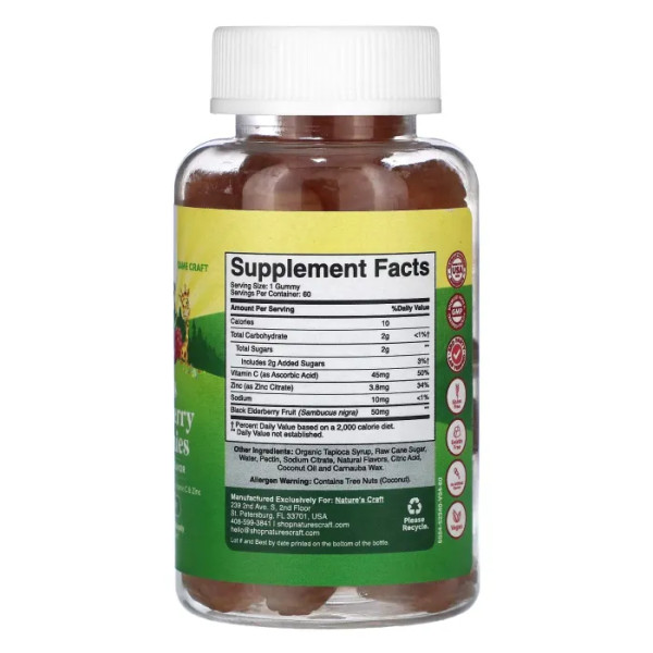 Бузина для дітей, Kids Elderberry Gummies, Nature's Craft, зі смаком малини, 60 жувальних таблеток