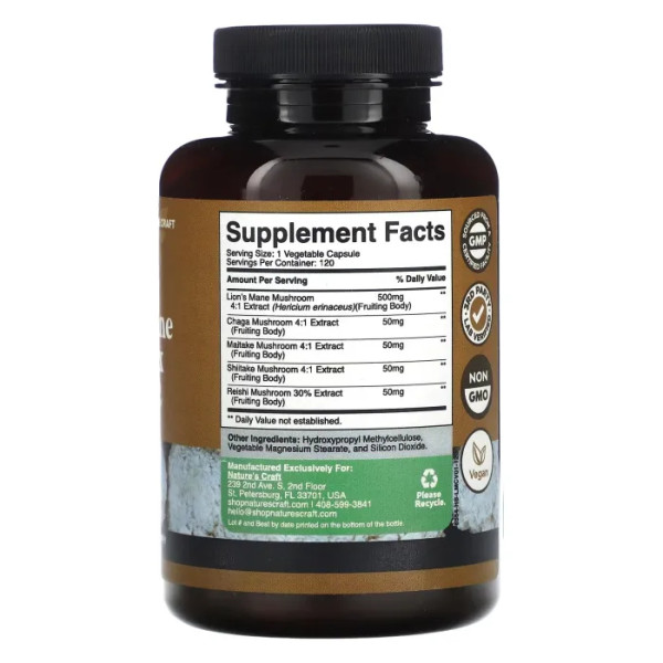Їжовик гребінчастий, Lion's Mane Complex, Nature's Craft, комплекс, 120 капсул