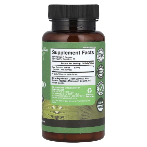 Со пальметто, Saw Palmetto, Nature's Craft, 500 мг, 30 капсул