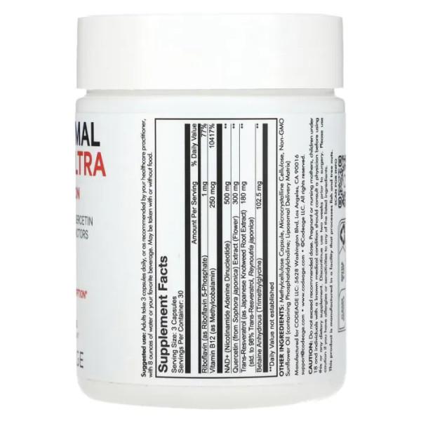 Нікотинамід NAD+ ULTRA, ресвератрол та кверцетин ліпосомальні, фактори метилювання, Liposomal NAD+ ULTRA, CodeAge, 90 вегетаріанських капсул