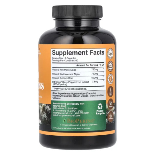 Ірландський морський мох, Irish Sea Moss, Nature's Craft, 2100 мг, 180 капсул (700 мг на капсулу)