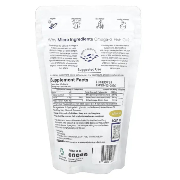 Омега-3 риб'ячий жир, потрійна сила, Omega-3 Fish Oil, Triple Strength, Micro Ingredients, зі смаком лимона, 4200 мг, 120 желатинових капсул (1400 мг на одну капсулу)