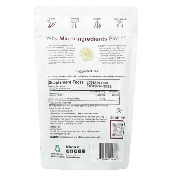 Біотин з гіалуроновою кислотою, Biotin with Hyaluronic Acid, Micro Ingredients, 10.000 мкг, 365 желатинових капсул
