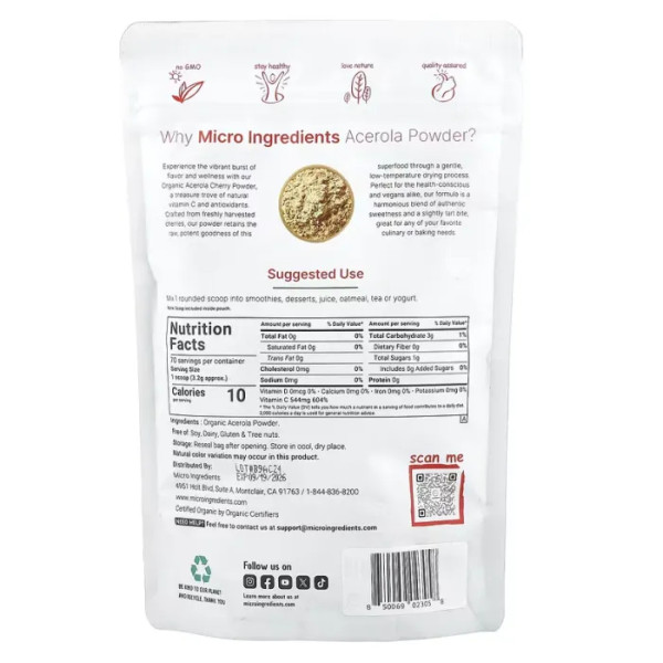 Ацерола, Acerola, Micro Ingredients, натуральний вітамін С, органічний порошок, 227 г