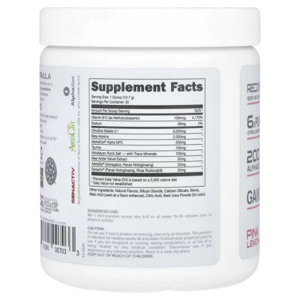 Передтренувальний комплекс, без стимуляторів, Pre-Workout, Bucked Up, прискорене відновлення, з екстрактом з оленячих рогів, смак рожевий лимонад, 321 г