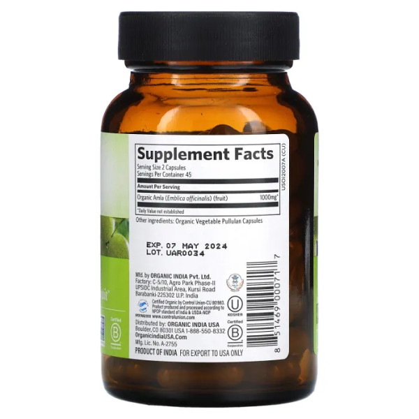 Амла, Amla, Organic India, 90 вегетаріанських капсул