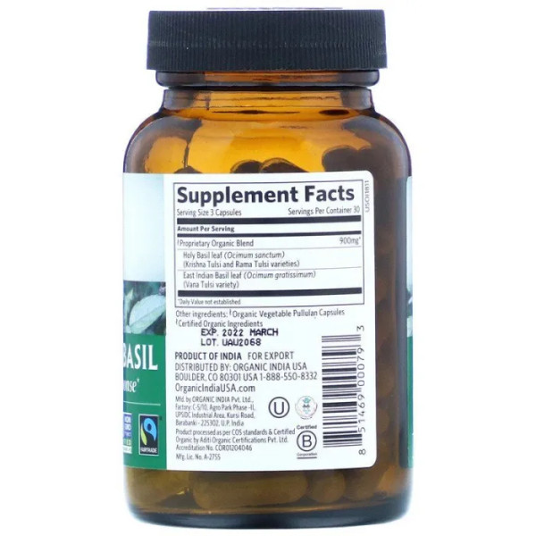 Тулсі-священний базилік, Tulsi-Holy Basil, Organic India, позитивна відповідь на стрес, 90 вегетаріанських капсул