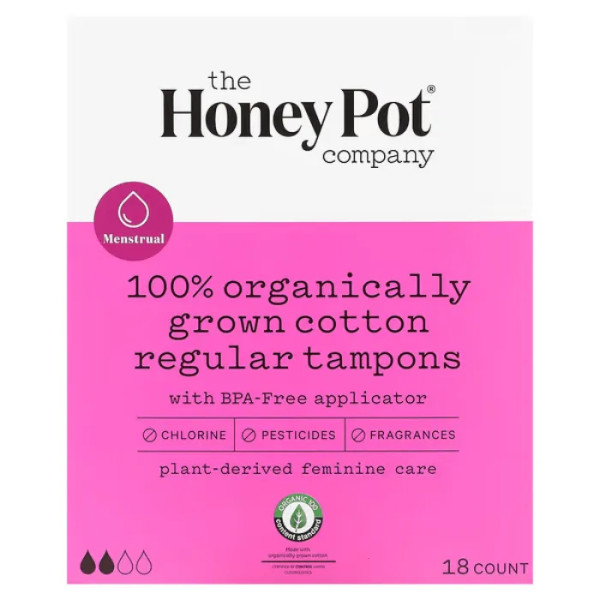 Тампони зі 100% органічної бавовни, 100% Organically Grown Cotton Tampons, 2 краплі, The Honey Pot Company, 18 шт.