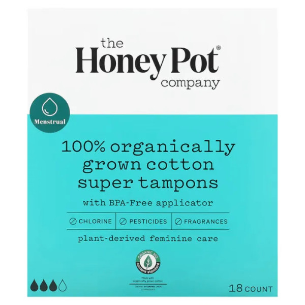Тампони із 100% органічної бавовни, 100% Organically Grown Cotton Tampons, 3 краплі, The Honey Pot Company, 18 шт.