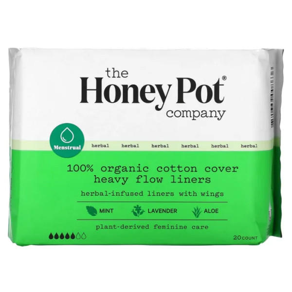 Прокладки з 100% органічної бавовни, 100% Organic Cotton Cover Heavy Flow Liners, The Honey Pot Company, щільні, з рослинною основою, 20 шт