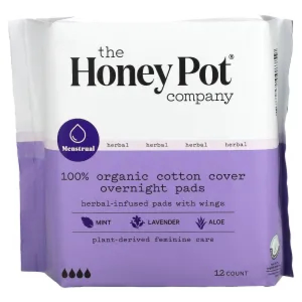 Прокладки нічні, Organic Herbal-Infused Pads with Wings, The Honey Pot Company, органік, з трав'яним наповнювачем та крильцями, 12 шт.