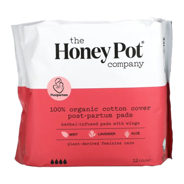 Прокладки післяпологові, Organic Herbal-Infused Pads with Wings, The Honey Pot Company, органік, з трав'яним наповнювачем та крильцями, 12 шт.