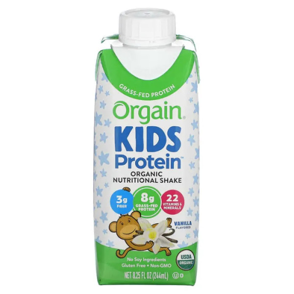 Протеїновий коктейль для дітей, Kids Protein, Organic Nutritional Shake, Orgain, органік, смак ванілі, 4 упаковки, 244 мл кожна