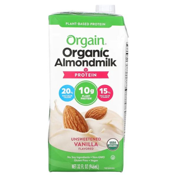 Мигдальне молоко + рослинний протеїн, Organic Almondmilk + Protein, Orgain, органік, несолодка ваніль, 946 мл