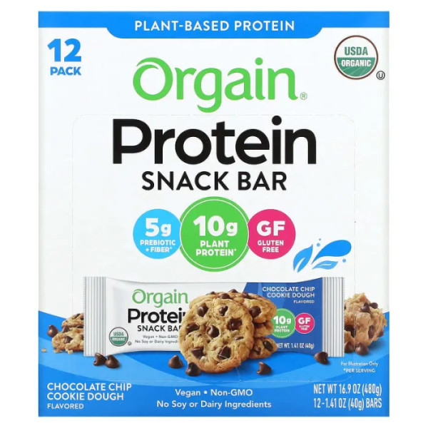 Батончики з рослинним протеїном, Organic Plant-Based Protein Bar, Orgain, органік, печиво з шоколадною крихтою, 12 батончиків по 40 г кожен