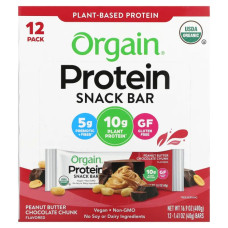 Батончики з рослинним протеїном, Orgain Organic Plant-Based Protein Bar, шоколадні шматочки + арахісова олія, 12 батончиків по 40 г