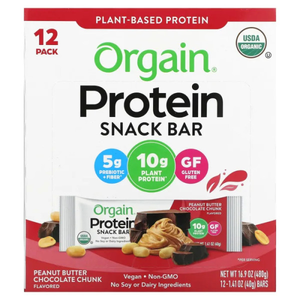 Батончики з рослинним протеїном, Organic Plant-Based Protein Bar, Orgain, органік, зі шматочками шоколаду та арахісовим маслом, 12 батончиків по 40 г кожен
