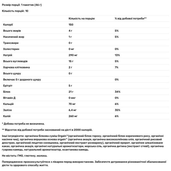 Рослинний протеїн, Organic Protein Powder, Orgain, органік, порошок, вершково-шоколадна помадка, 10 пакетів по 46 г кожен