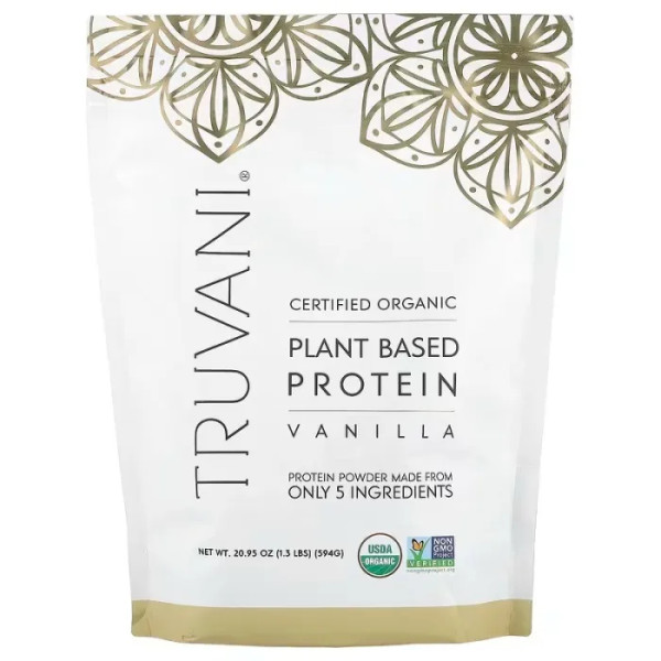 Рослинний протеїн, Plant Based Protein, Truvani, сертифікований, органічний, смак ванілі, порошок, 594 г