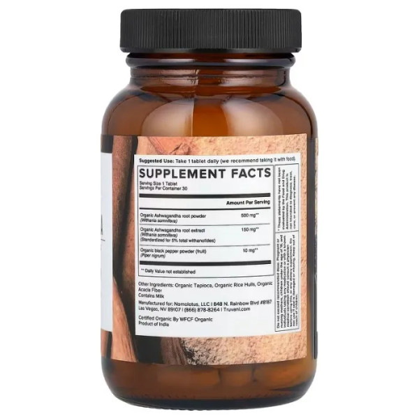 Ашвагандха, Ashwagandha, Truvani, органік, 650 мг, 30 таблеток