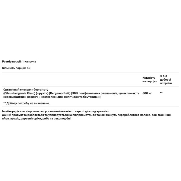 Бергамот цитрусовий, Citrus Bergamot, Sunergetic, 500 мг, 30 капсул