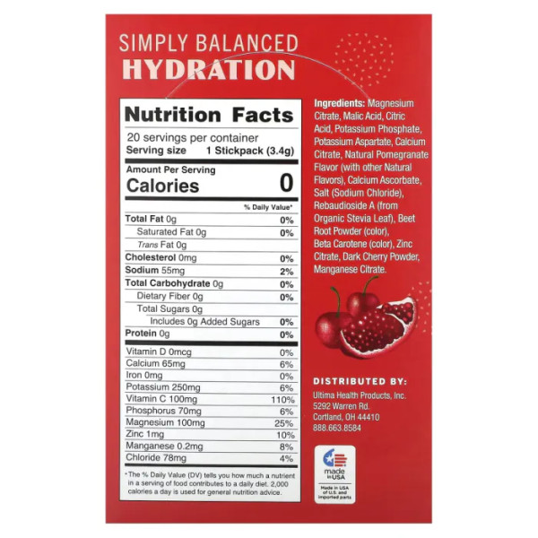 Електроліти, Electrolyte Supplemen, Ultima Replenisher, смак вишня-гранат, 20 пакетів по 3.4 г