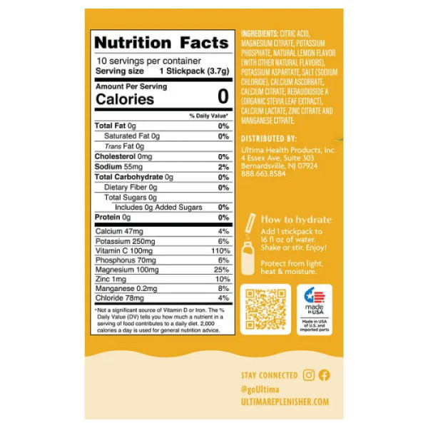 Електроліти, 6 Essential Electrolytes, Ultima Replenisher, щоденний електролітний напій, зі смаком лимонаду, 10 пакетиків-стіків (по 3,7 г)