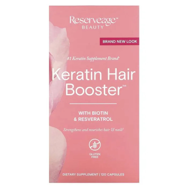 Кератин, підсилювач для волосся, Keratin Hair Booster, ReserveAge Nutrition, з біотином и ресвератролом, 120 капсул