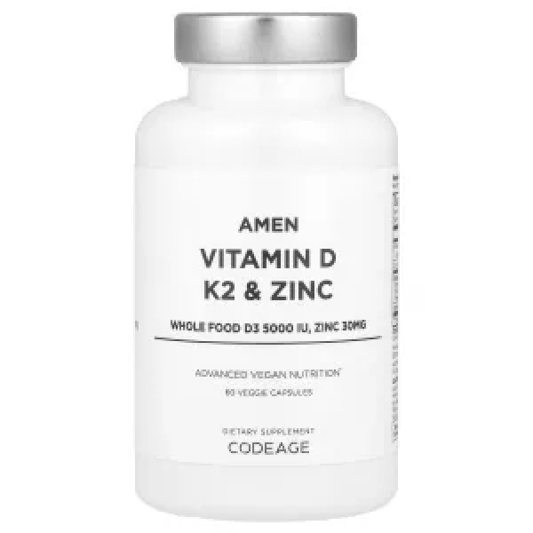 Вітамін D, K2 та цинк, Vitamin D, K2 & Zinc, Amen, CodeAge, 60 рослинних капсул