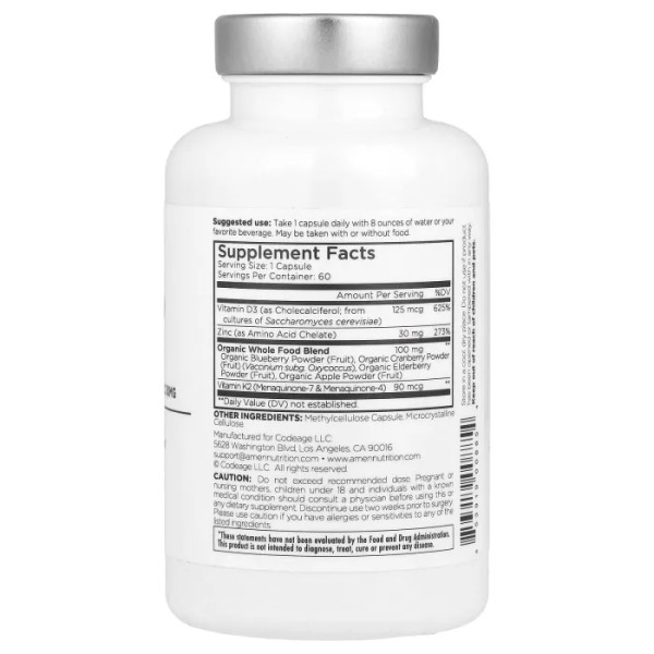 Вітамін D, K2 та цинк, Vitamin D, K2 & Zinc, Amen, CodeAge, 60 рослинних капсул