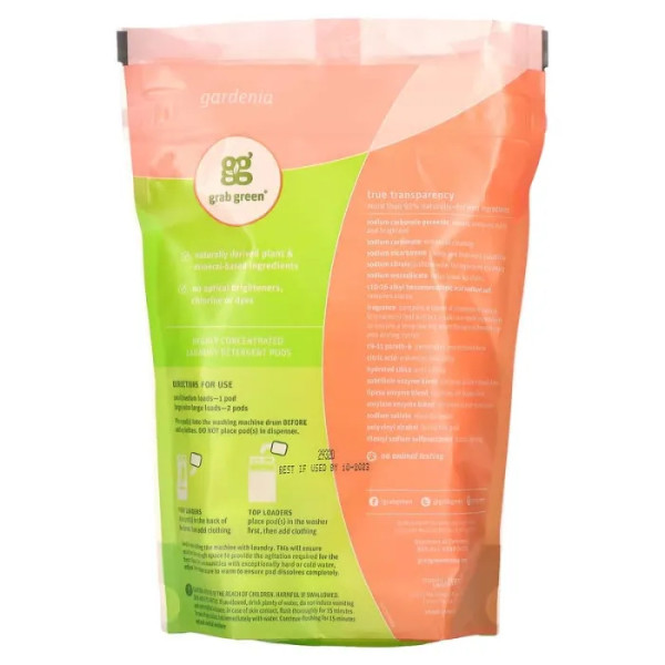 Пральний порошок 3 в 1, гарденія, Laundry Detergent Pods, GrabGreen, 24 завантаження, 384 г