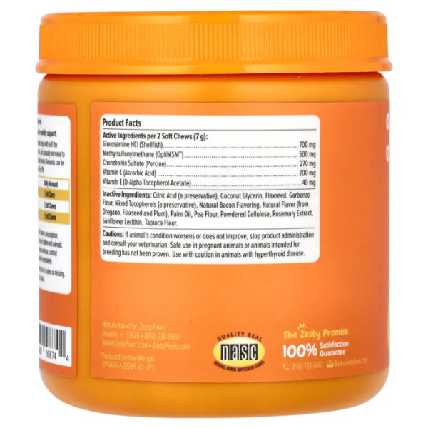 Здоров'я стегон і суглобів для собак, Hip & Joint Bites, For Dogs, All Ages, Zesty Paws, для всіх вікових груп, бекон, 90 м'яких жувальних цукерок, 315 г
