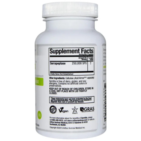 Серрапептаза, Serretia, Arthur Andrew Medical, чиста, 250 000 SPU, 90 капсул (125 000 SPU на капсулу)