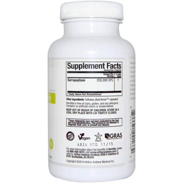Серрапептаза, Serretia, Arthur Andrew Medical, чиста, 250 000 SPU, 180 капсул (125 000 SPU на капсулу)