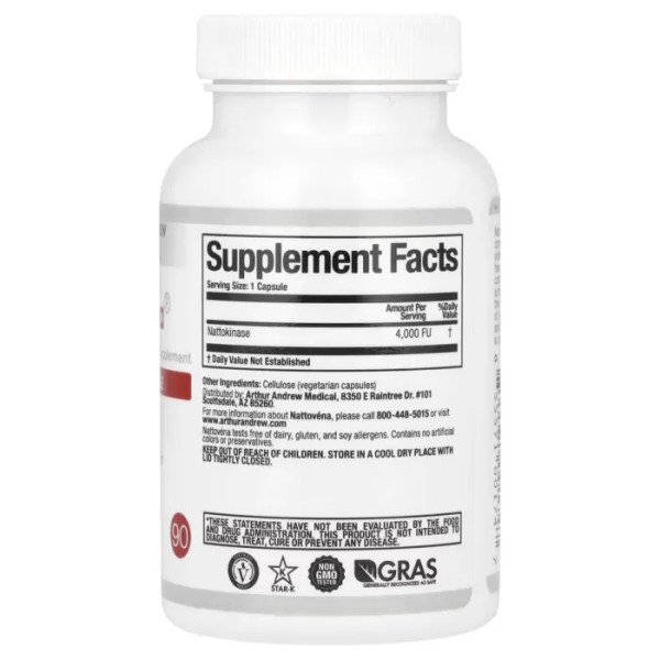 Наттокіназа, Nattovena, Arthur Andrew Medical, чиста, 4000 FU, 90 капсул
