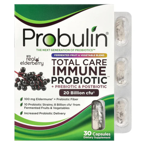Пробіотик, пребіотик та постбіотик для імунітету, Total Care Immune Probiotic + Prebiotic & Postbiotic with Real Elderberry, Probulin, зі справжньою бузиною, 20 млрд КУО, 30 капсул