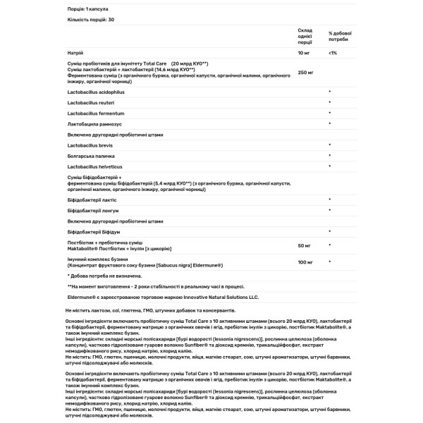 Пробіотик, пребіотик та постбіотик для імунітету, Total Care Immune Probiotic + Prebiotic & Postbiotic with Real Elderberry, Probulin, зі справжньою бузиною, 20 млрд КУО, 30 капсул