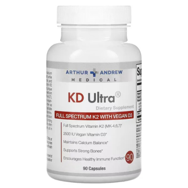 Вітамін K2 з веганським вітаміном D3 повний спектр, KD Ultra, K2 with D3, Arthur Andrew Medical, 90 капсул