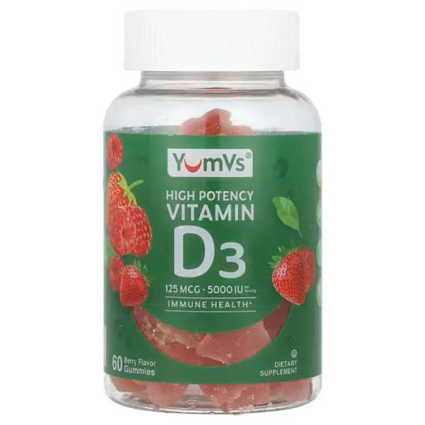 Вітамін D3, Vitamin D3, Yum-V's, висока ефективність, ягоди, 125 мкг (5000 МО), 60 жувальних цукерок