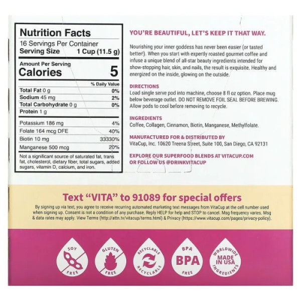 Кава в капсулах з колагеном та біотином, Beauty Coffee Pods, VitaCup, середньої обсмажування, 16 шт. по 11.5 г