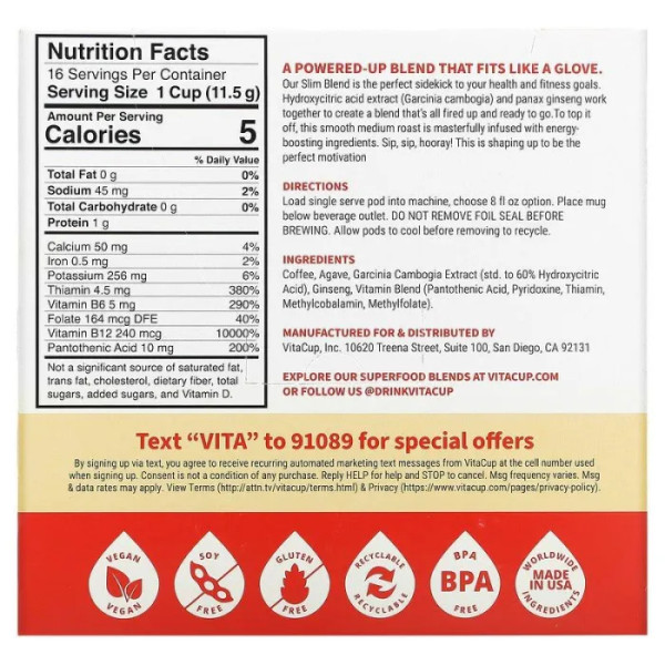 Кава в капсулах з камбоджійською гарцинією та женьшенем, Slim Coffee Pods, VitaCup, середньої обсмажування, 16 шт. по 11.5 г