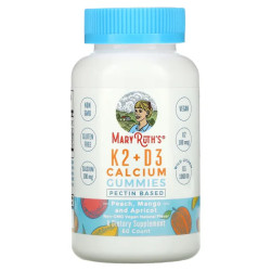 Вітаміни K2 та D3 з кальцієм жувальні, MaryRuth Organics K2+D3 Calcium Gummies, персик, манго та абрикос, 60 жувальних цукерок
